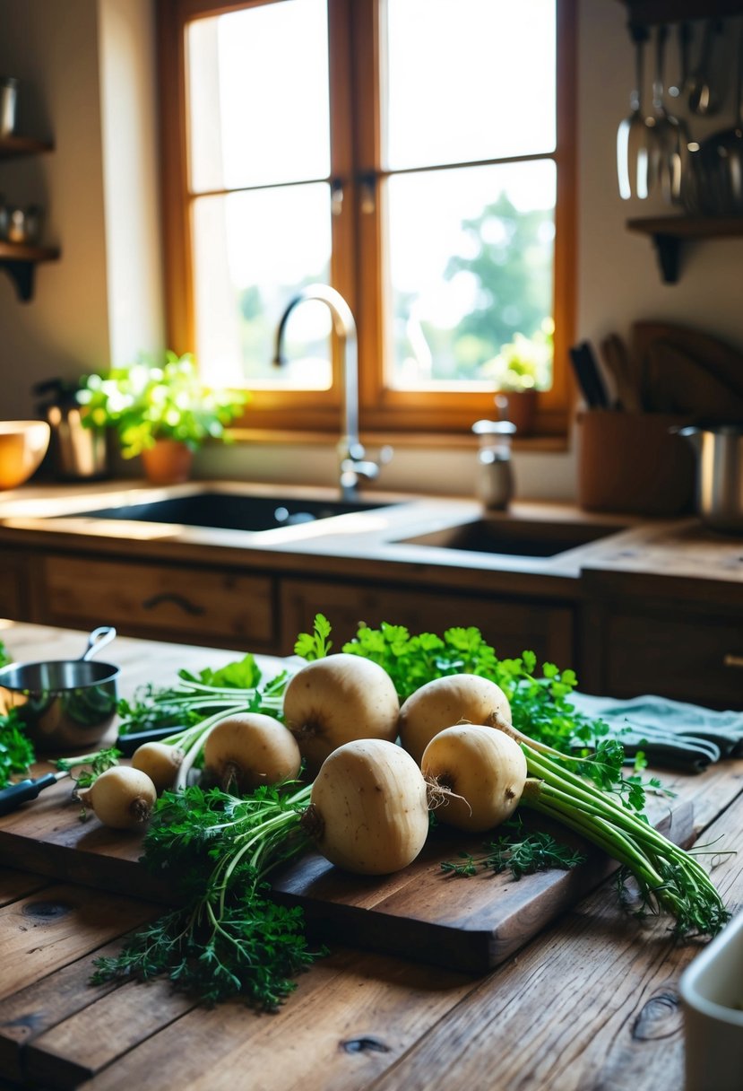 A rustic kitchen with a wooden table covered in fresh turnips, herbs, and cooking utensils. Sunlight streams through a window, casting warm shadows on the scene