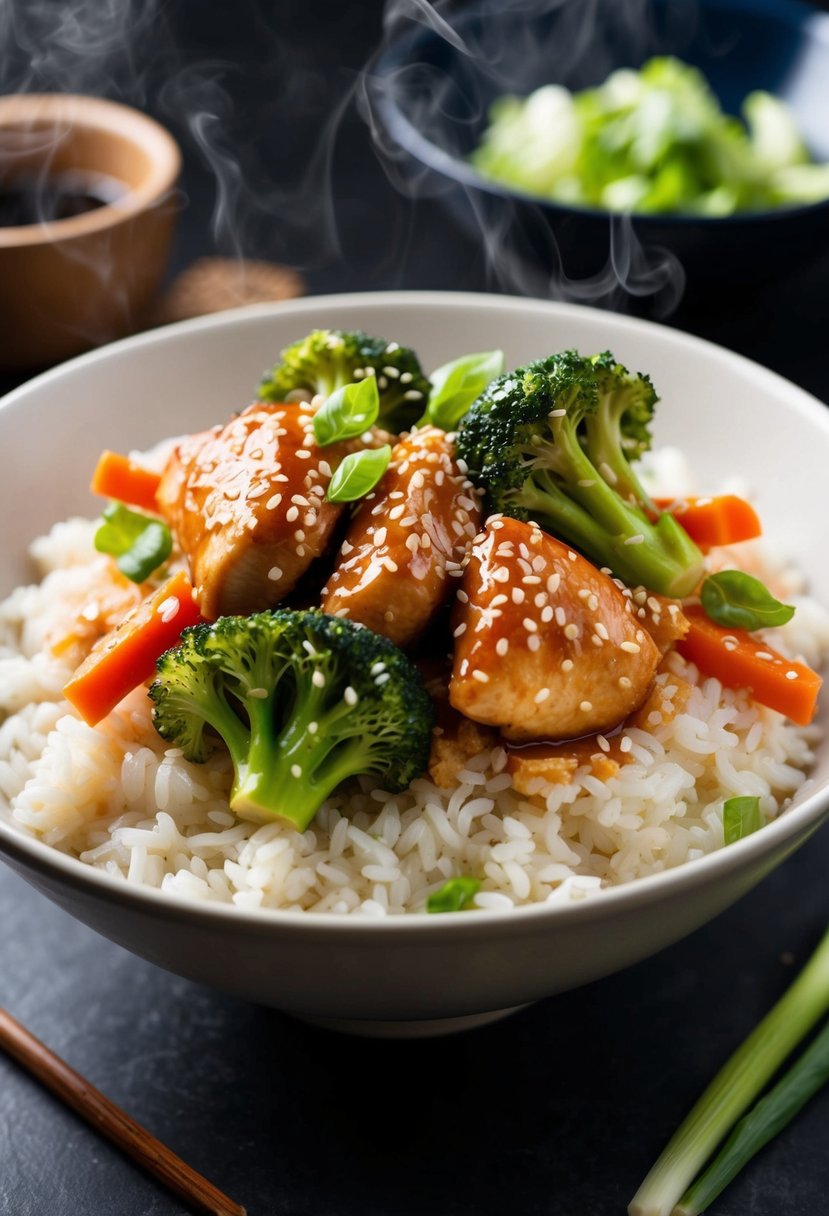 A steaming rice bowl topped with teriyaki chicken, broccoli, and carrots, garnished with sesame seeds and green onions