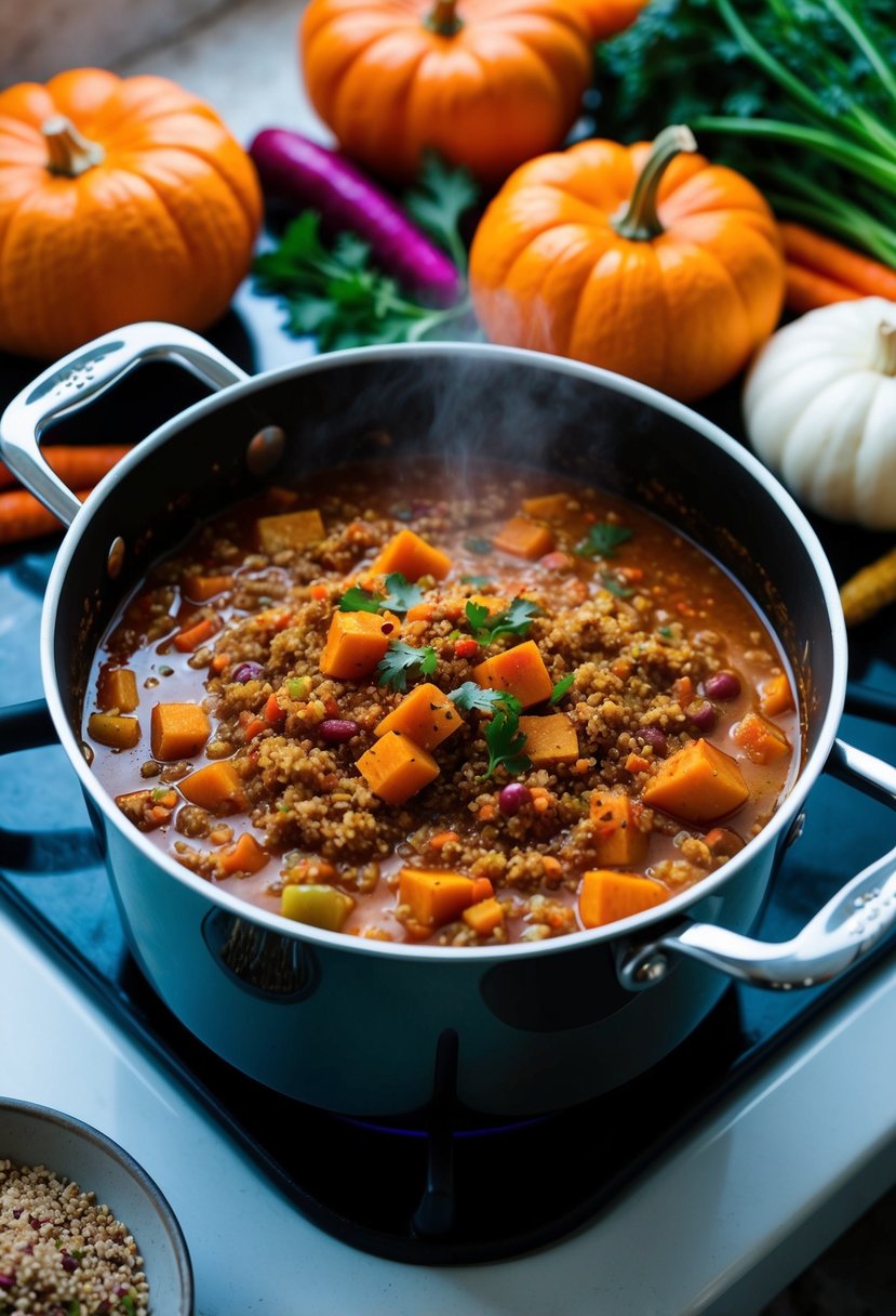 A steaming pot of pumpkin and quinoa chili simmering on a stovetop, surrounded by colorful vegetables and aromatic spices