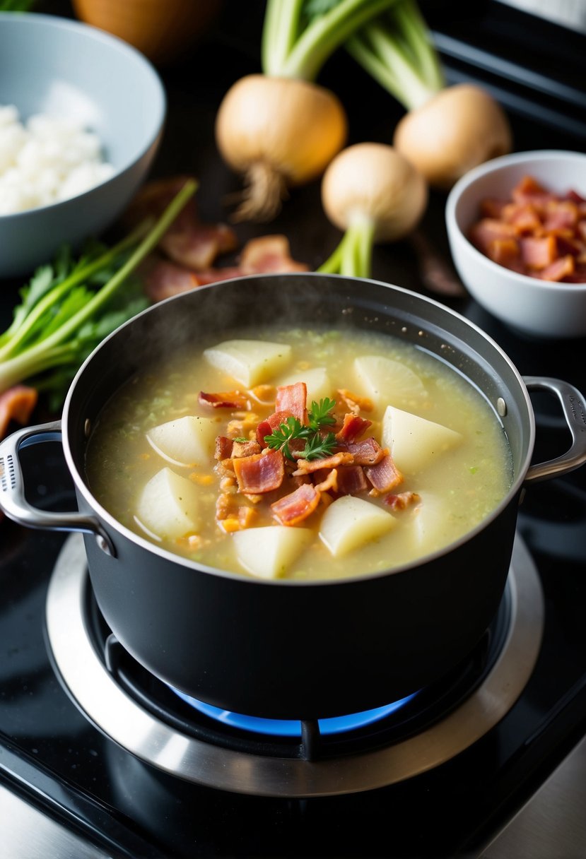 A pot of Turnip and Bacon Soup simmers on a stovetop, surrounded by fresh turnips, bacon, and other ingredients