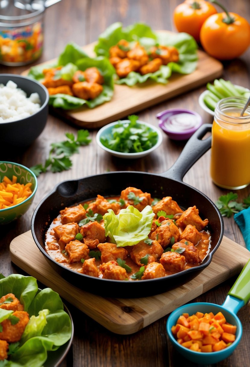 A sizzling skillet of buffalo chicken and lettuce wraps on a wooden table, surrounded by colorful ingredients and kitchen utensils