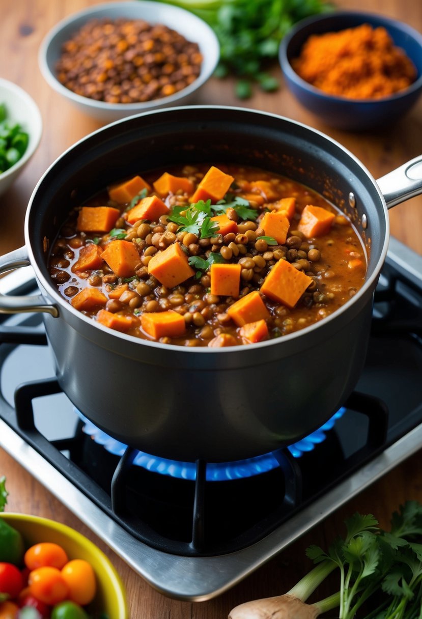 A pot of sweet potato and lentil chili simmers on the stove, surrounded by colorful vegetables and spices