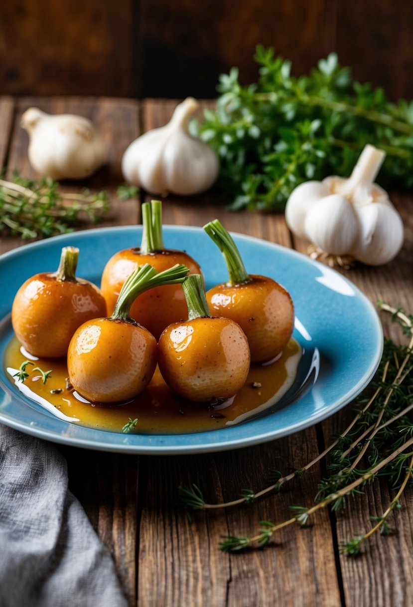 A rustic wooden table with a plate of glazed turnips drizzled with honey, surrounded by fresh ingredients like thyme and garlic