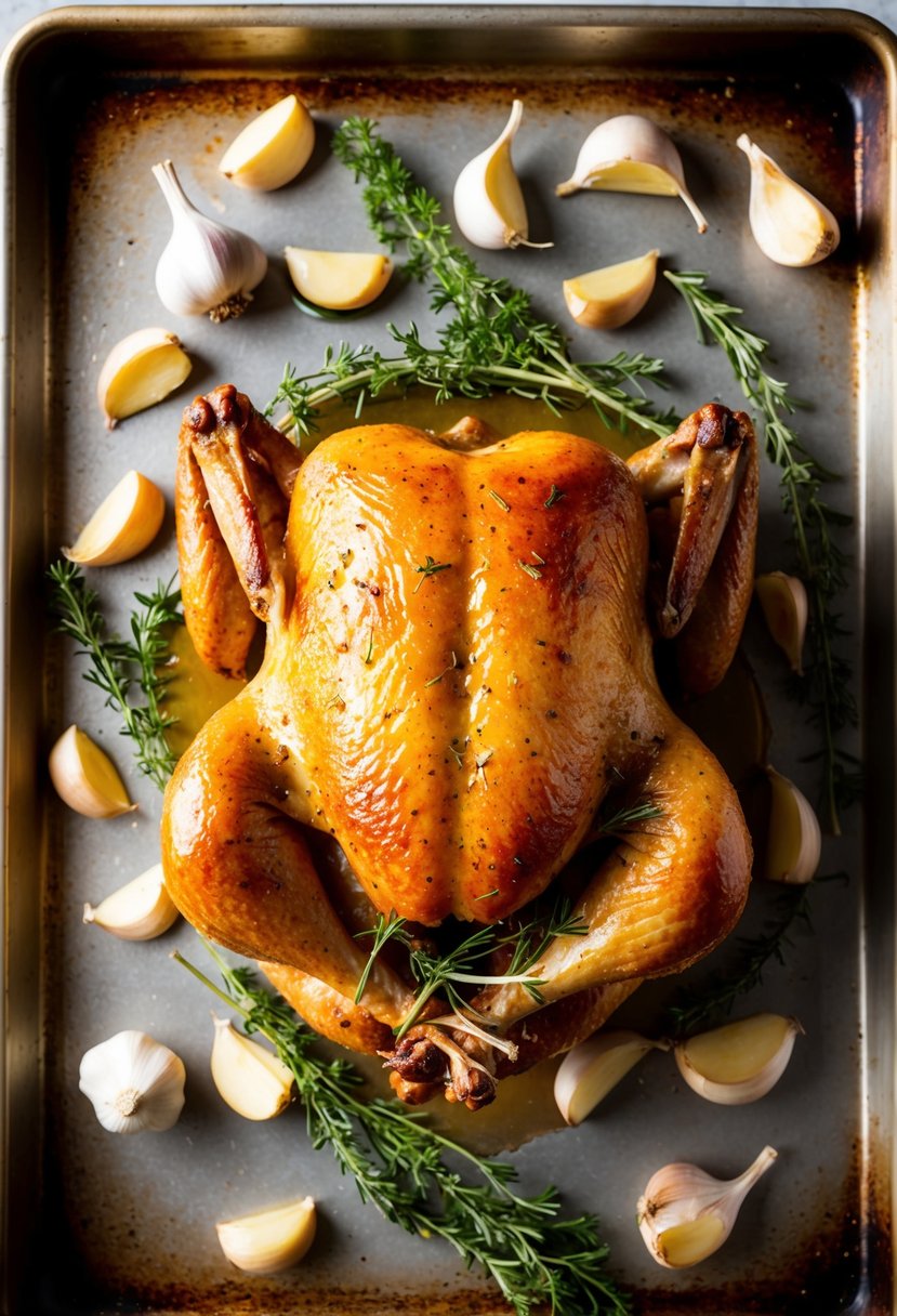 A golden-brown roasted chicken surrounded by garlic cloves and fresh herbs on a baking sheet