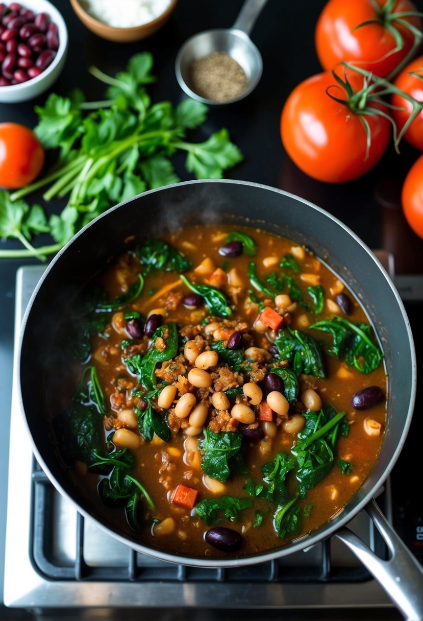 A pot of eggplant and spinach chili simmering on a stovetop. Ingredients scattered around, including tomatoes, beans, and spices