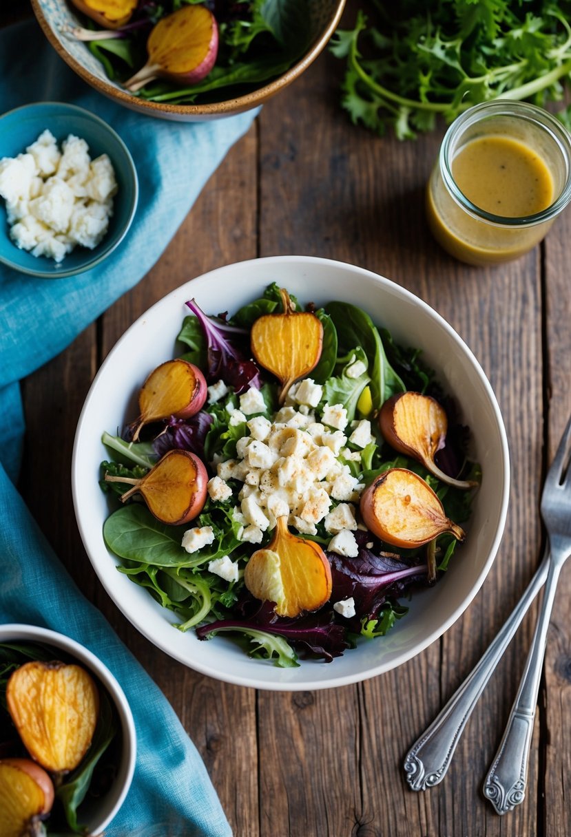 A rustic wooden table set with a colorful salad bowl filled with roasted turnips, mixed greens, and crumbled goat cheese, surrounded by fresh ingredients and a vinaigrette dressing