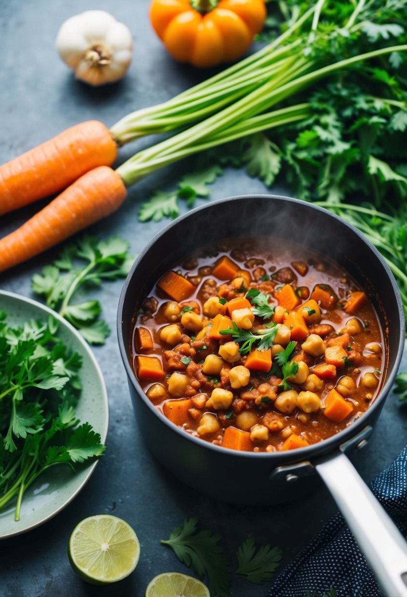 A simmering pot of carrot and chickpea chili surrounded by fresh vegetables and herbs