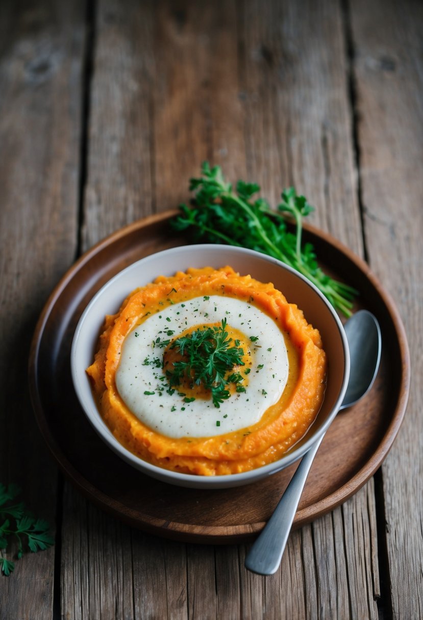 A rustic wooden table with a bowl of creamy turnip and carrot puree, garnished with a sprinkle of fresh herbs