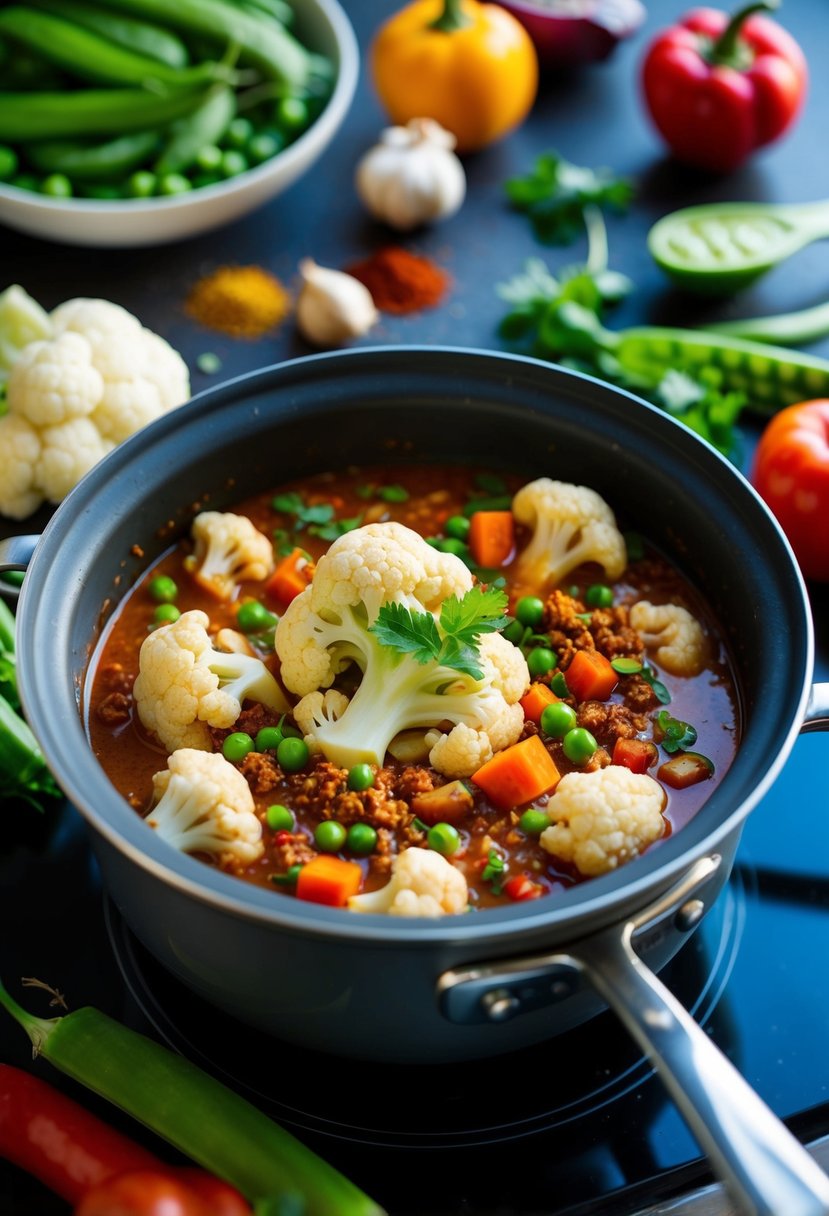 A pot of cauliflower and pea chili simmering on a stovetop, surrounded by colorful spices and fresh vegetables