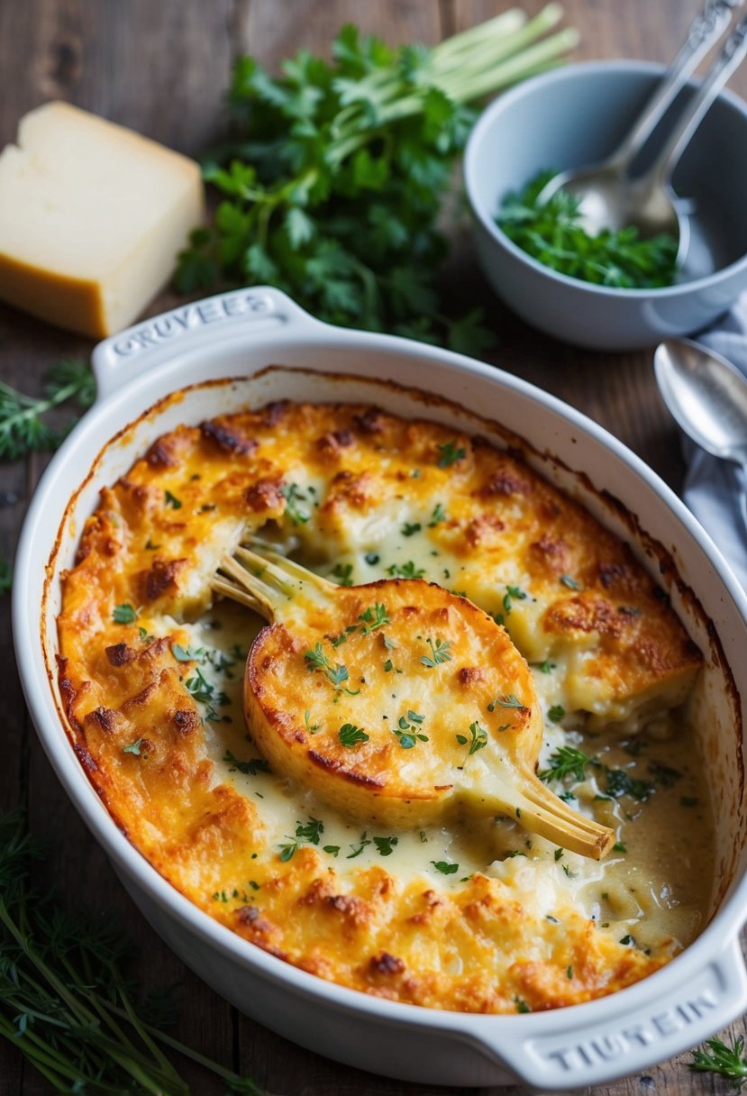 A rustic kitchen scene with a bubbling dish of turnip gratin topped with golden-brown Gruyere cheese, fresh herbs scattered around