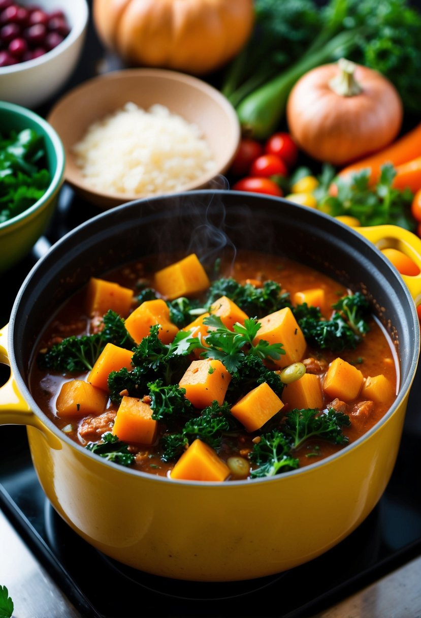 A steaming pot of butternut squash and kale chili simmering on a stovetop, surrounded by colorful vegetables and herbs