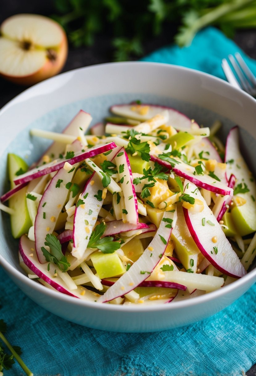 A bowl of colorful Turnip and Apple Slaw, with fresh turnips and apples sliced into thin strips, mixed with a tangy dressing, and garnished with chopped herbs