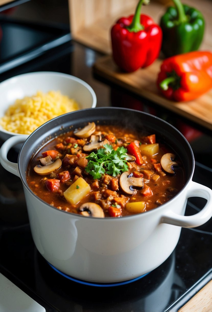 A pot of simmering low histamine chili with mushrooms and red peppers on a stovetop