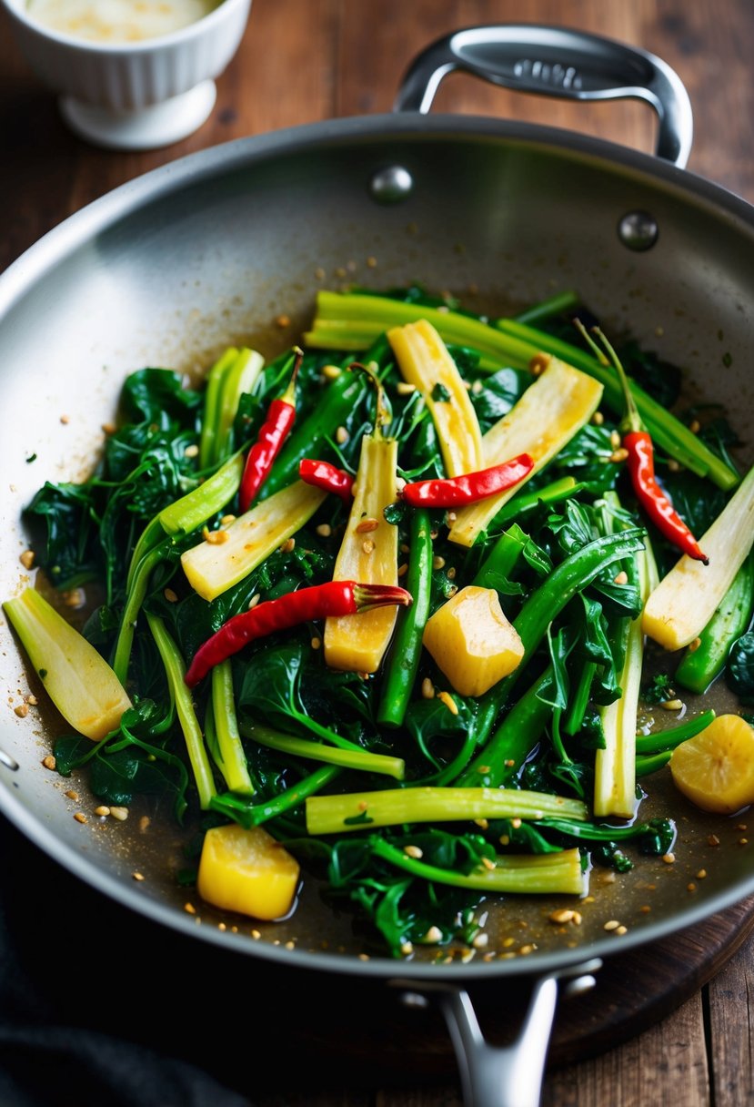 A sizzling pan of stir-fried turnip greens with chili peppers and garlic, steaming and ready to serve