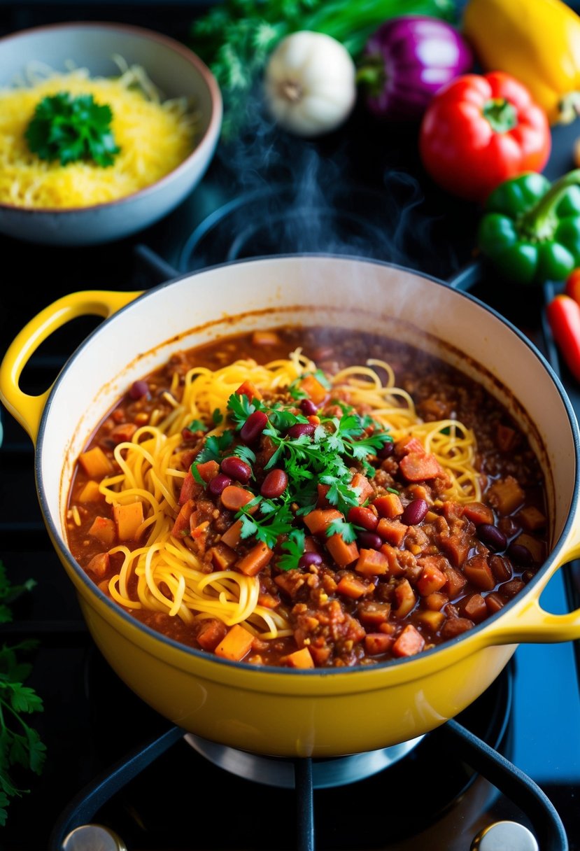 A steaming pot of spaghetti squash and pinto bean chili simmering on a stovetop, surrounded by vibrant and colorful vegetables and herbs