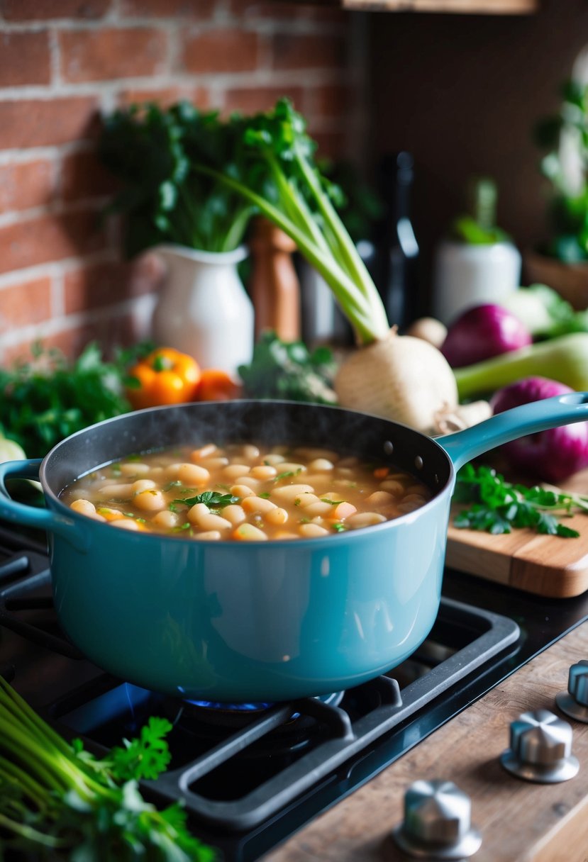 A rustic kitchen with a bubbling pot of turnip and white bean stew simmering on the stove, surrounded by fresh vegetables and herbs