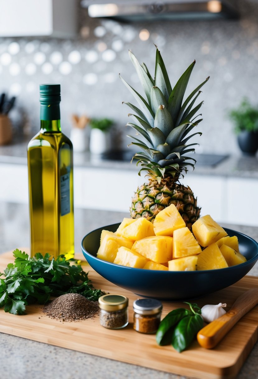 A bowl of fresh pineapple chunks, a bottle of olive oil, and a selection of herbs and spices on a kitchen counter