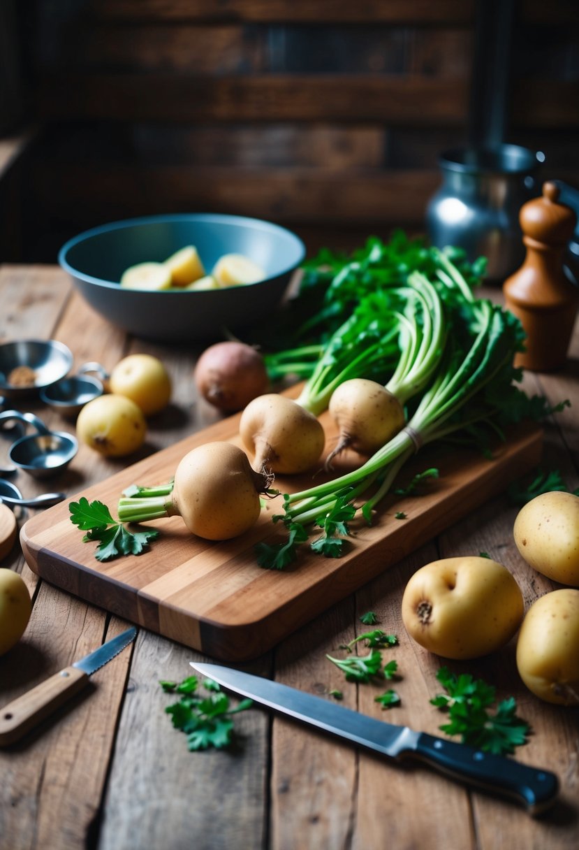 A rustic kitchen scene with a wooden cutting board, fresh turnips, potatoes, and various cooking utensils scattered around