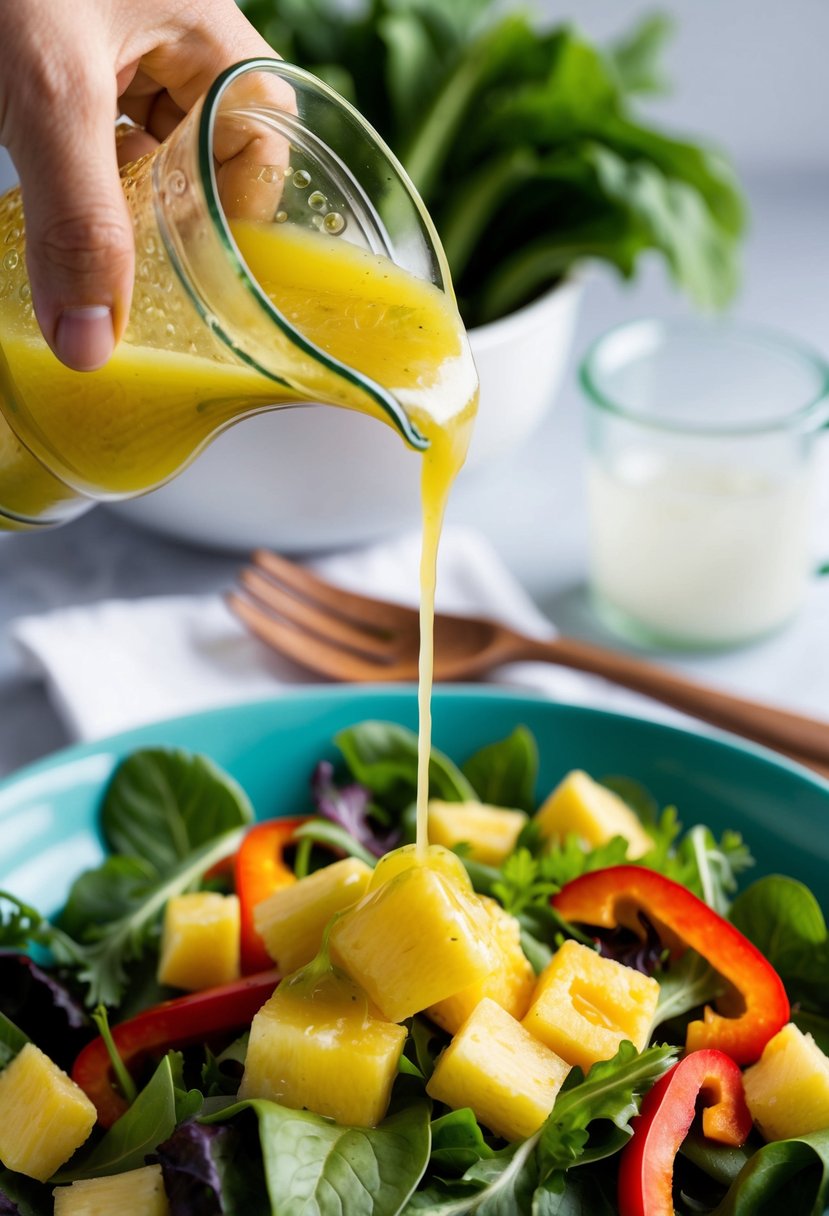 A tropical pineapple vinaigrette being drizzled over a colorful salad of mixed greens, ripe pineapple chunks, and vibrant bell peppers