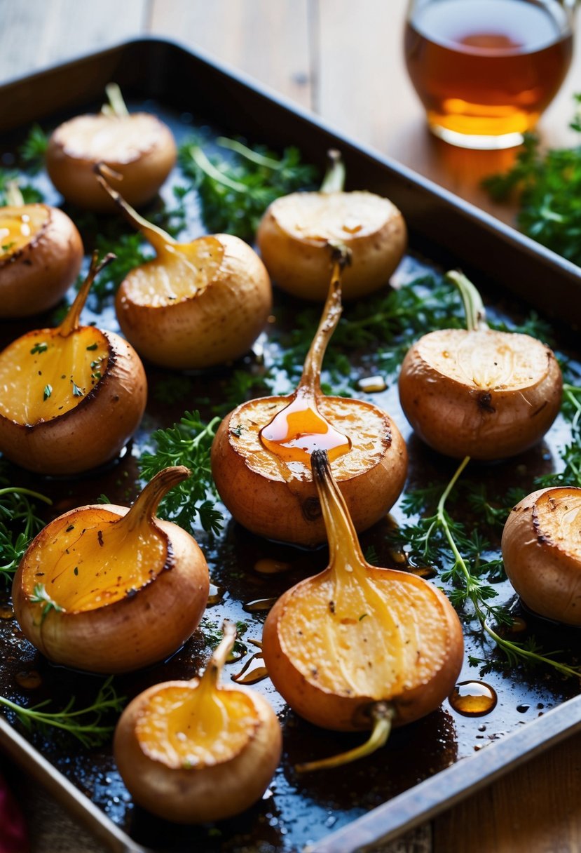 Maple Roasted Turnips sizzling on a baking sheet, surrounded by fresh herbs and drizzled with sticky maple syrup