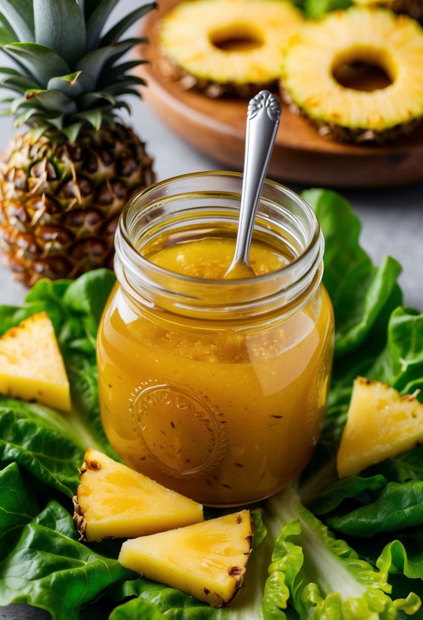 A glass jar filled with golden pineapple honey dressing surrounded by fresh pineapple slices and vibrant green lettuce leaves