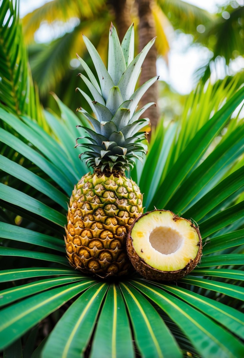 A tropical scene with a ripe pineapple and coconut nestled among lush green palm leaves