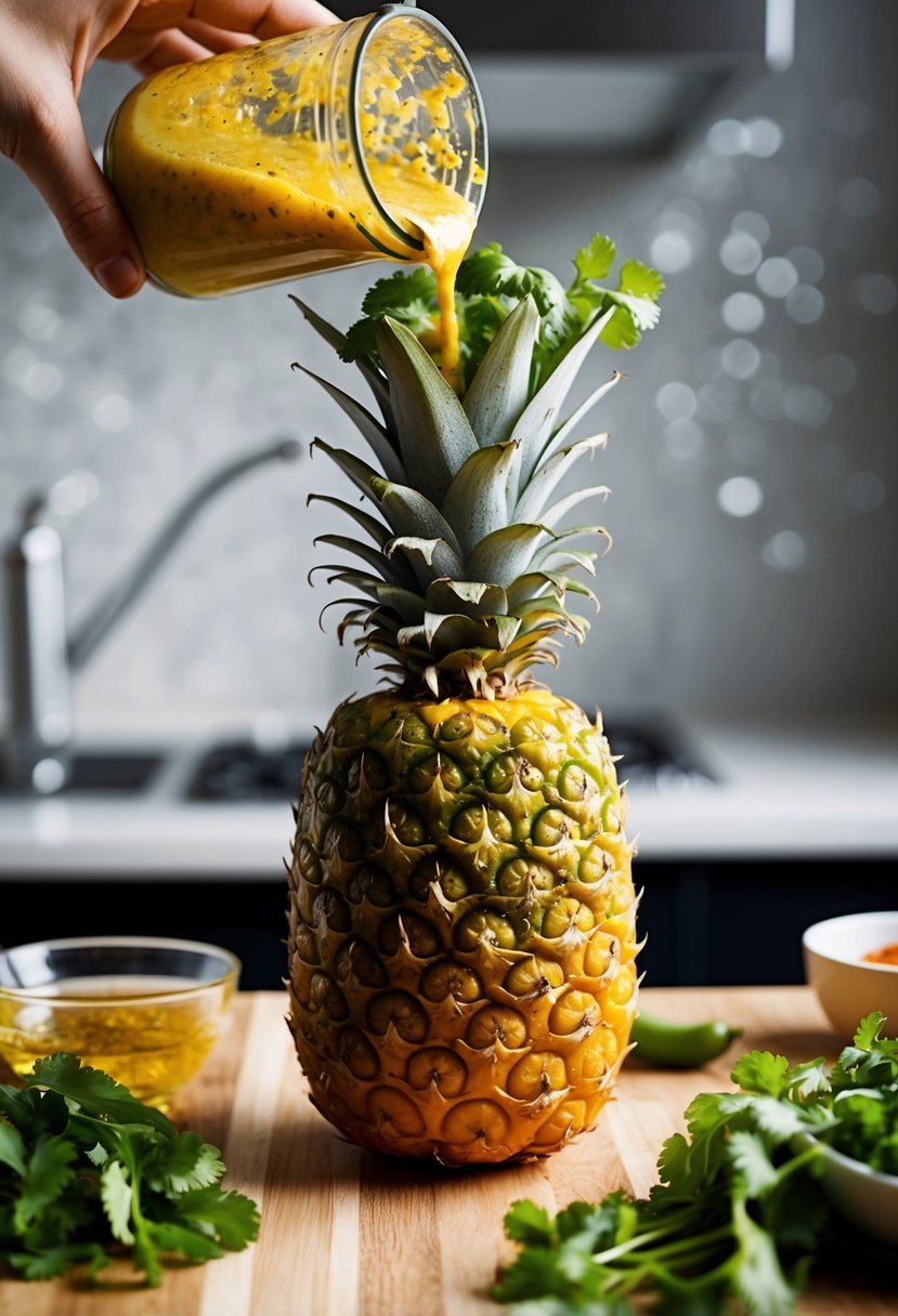 A vibrant pineapple being blended with fresh cilantro and spicy ingredients to create a zesty salad dressing