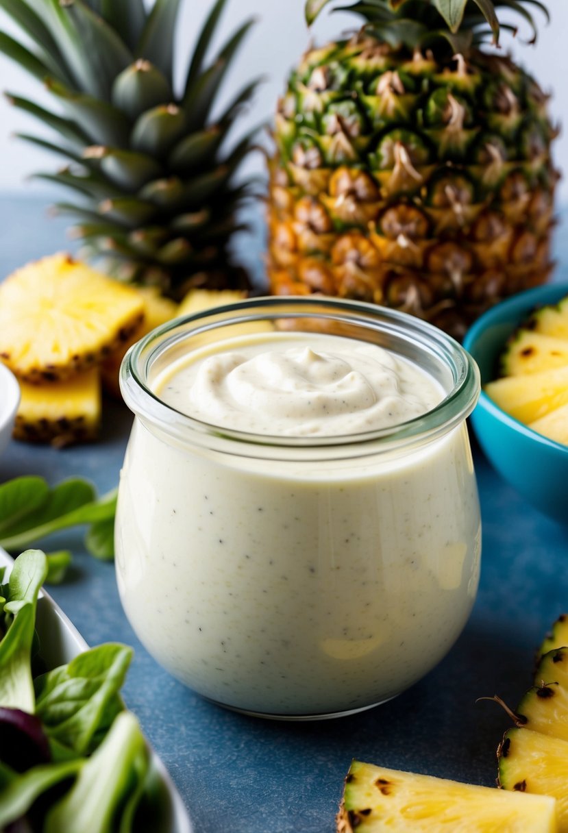 A clear glass jar filled with creamy ginger pineapple yogurt dressing surrounded by fresh pineapple and salad greens