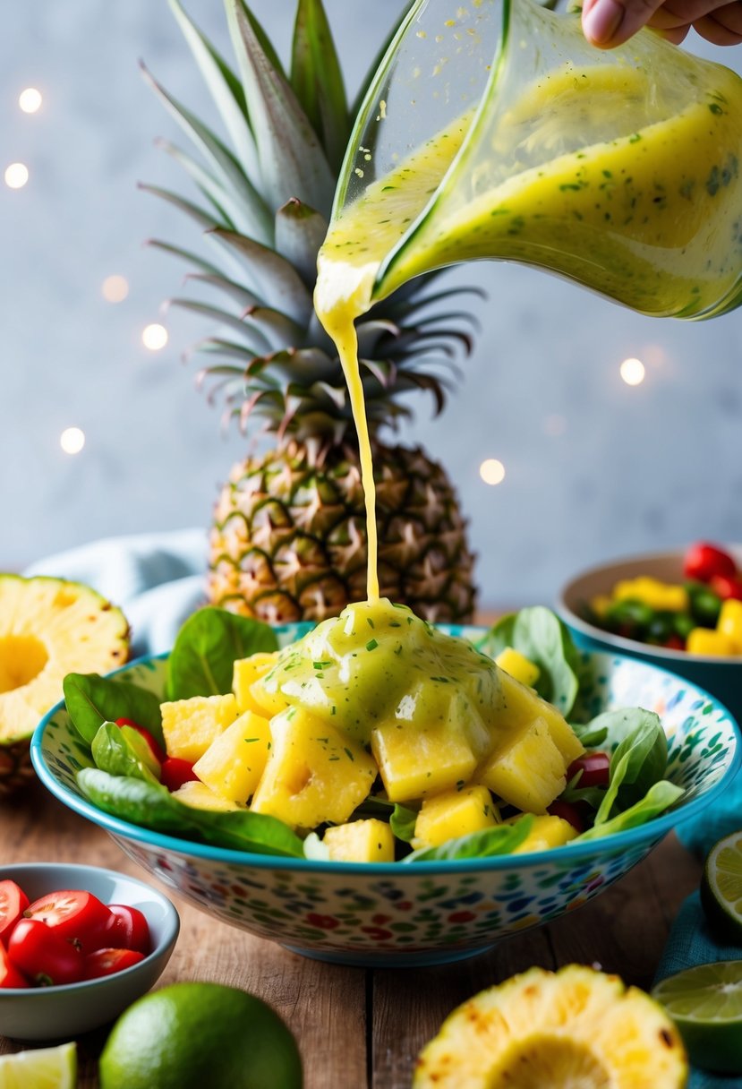 A vibrant lime and pineapple pepper vinaigrette being drizzled over a fresh pineapple salad, surrounded by colorful ingredients and a decorative serving bowl