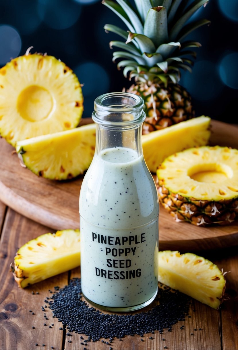 A clear glass bottle of pineapple poppy seed dressing surrounded by fresh pineapple slices and poppy seeds on a wooden table