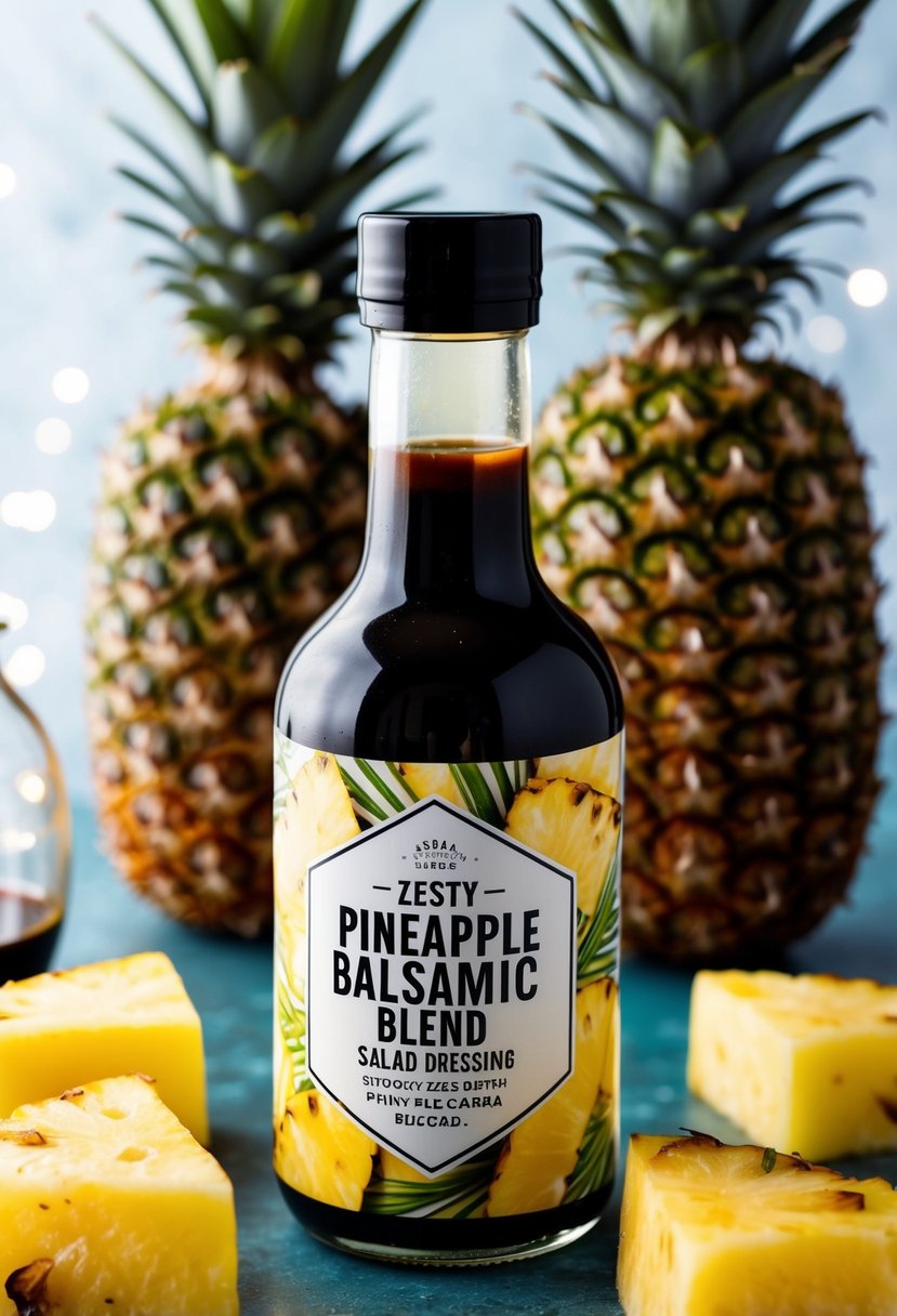 A glass bottle of Zesty Pineapple Balsamic Blend salad dressing surrounded by fresh pineapple chunks and balsamic vinegar, with a hint of greenery in the background