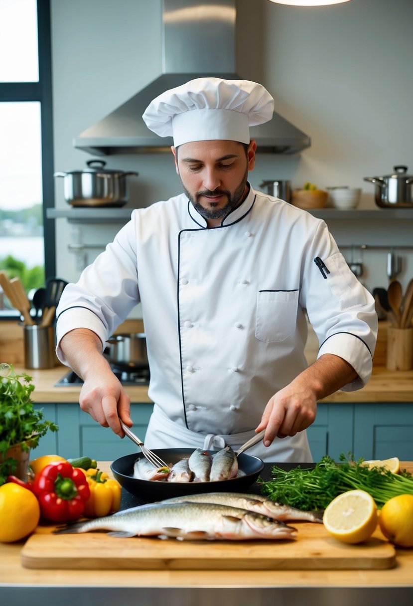 A chef preparing a variety of perch fillet recipes in a well-lit kitchen with fresh ingredients and cooking utensils displayed on the counter