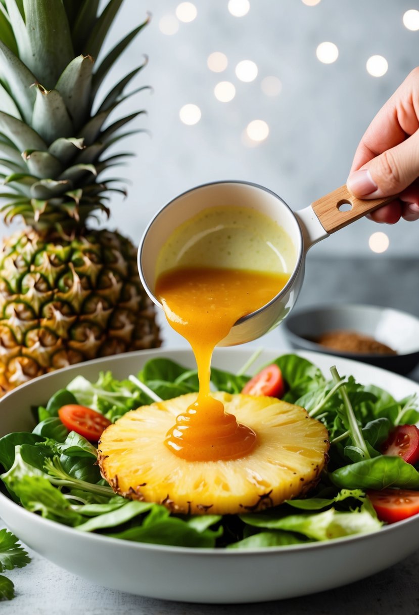 A vibrant pineapple and citrus herb glaze being drizzled over a fresh salad