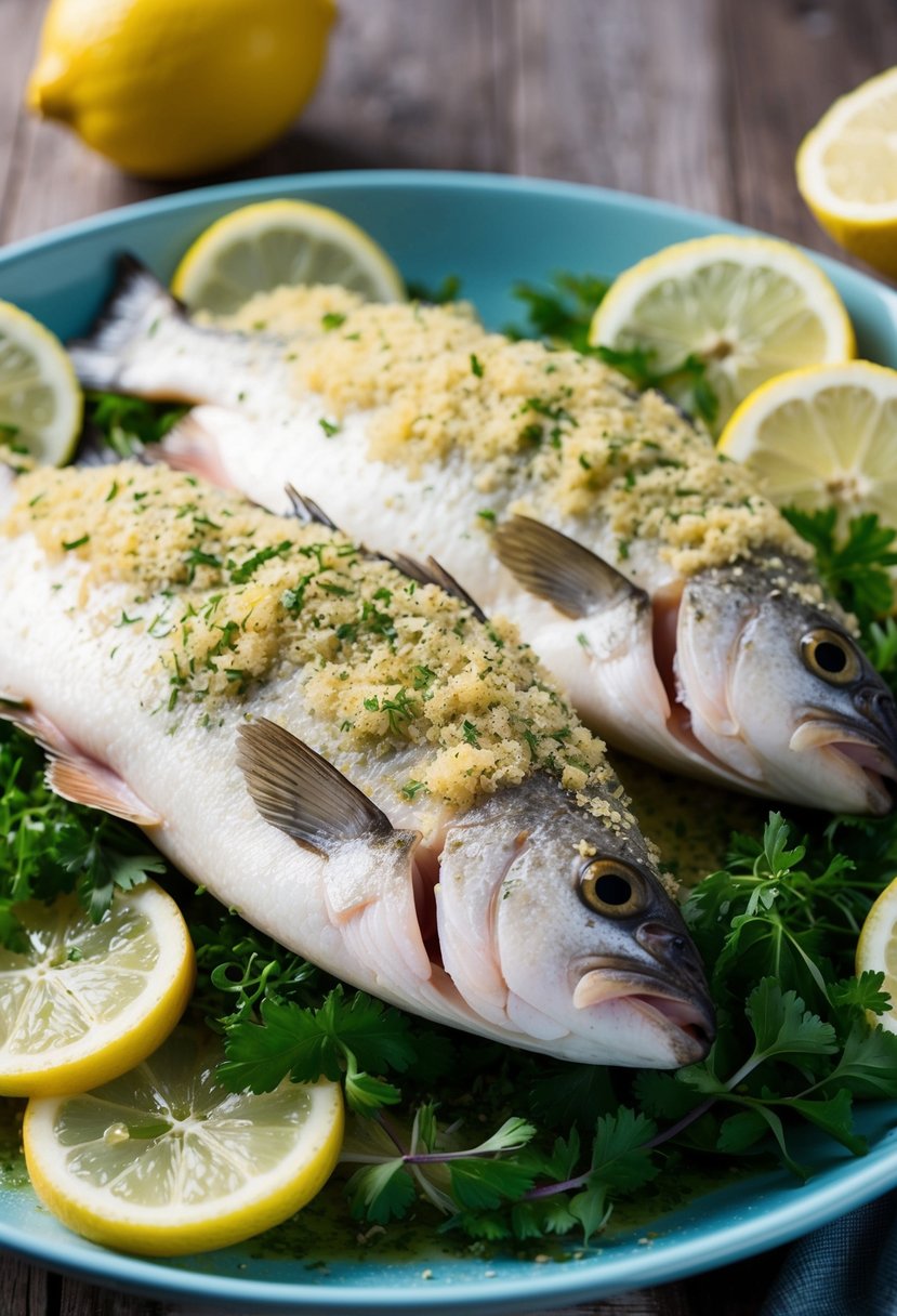 A fresh perch fillet coated in lemon herb crust on a bed of fresh herbs and lemon slices, ready to be cooked