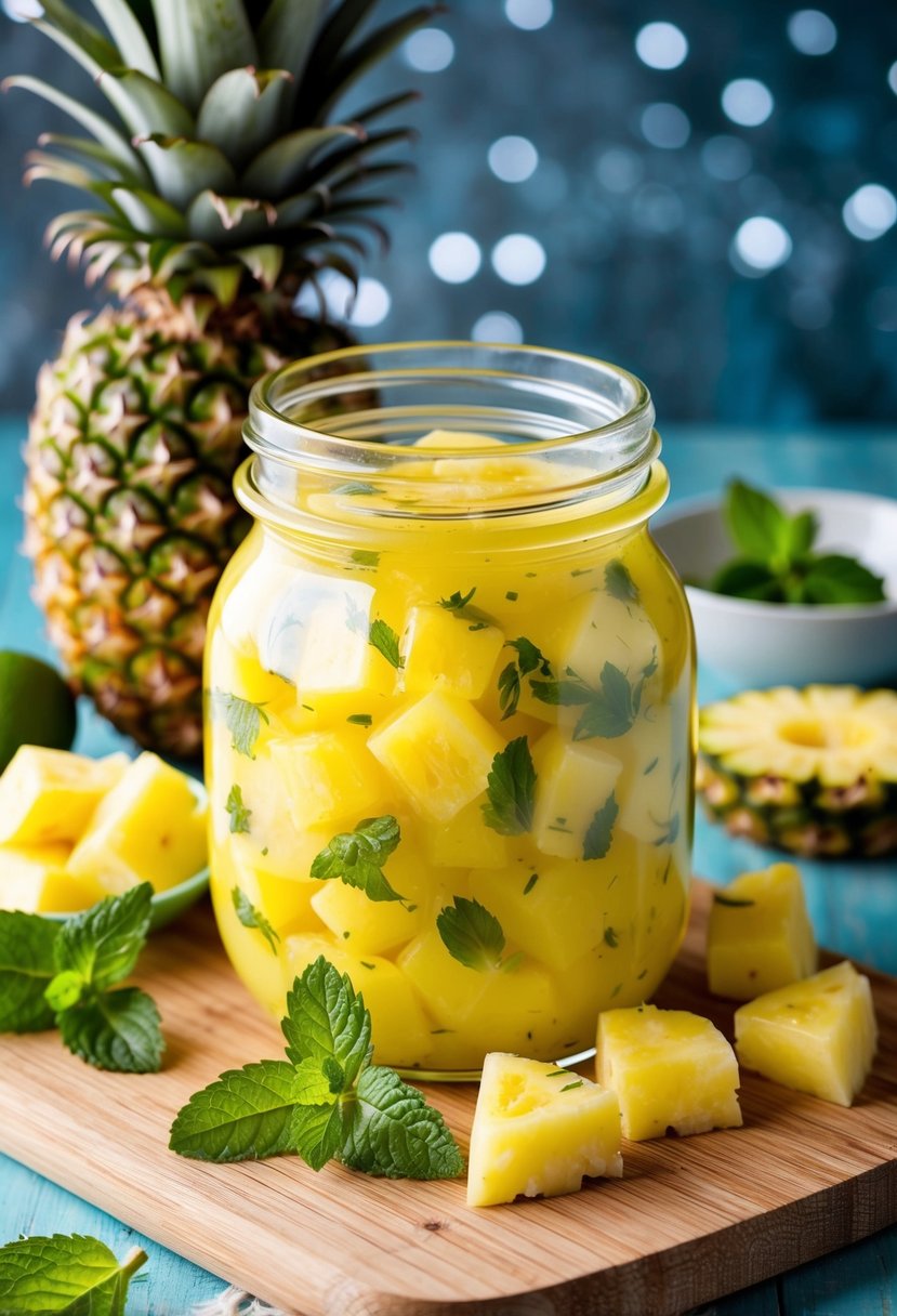 A glass jar filled with vibrant yellow pineapple mint dressing, surrounded by fresh pineapple chunks and sprigs of mint on a wooden cutting board