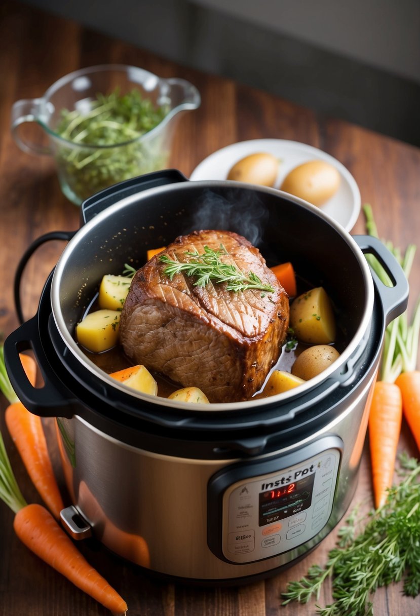 A beef pot roast sizzling in an Instapot pressure cooker, surrounded by carrots, potatoes, and aromatic herbs