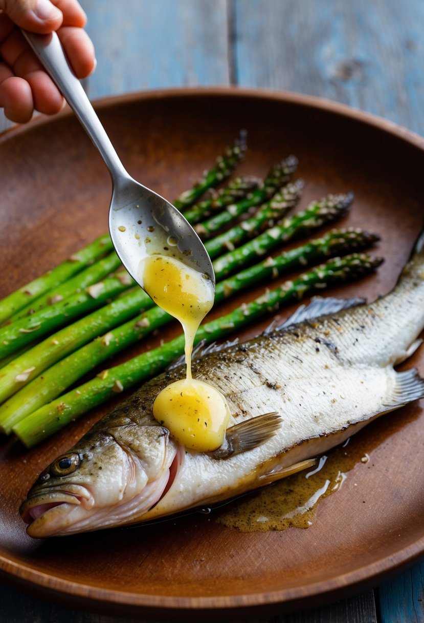 A sizzling perch fillet is being drizzled with garlic butter next to a bed of grilled asparagus on a rustic wooden plate