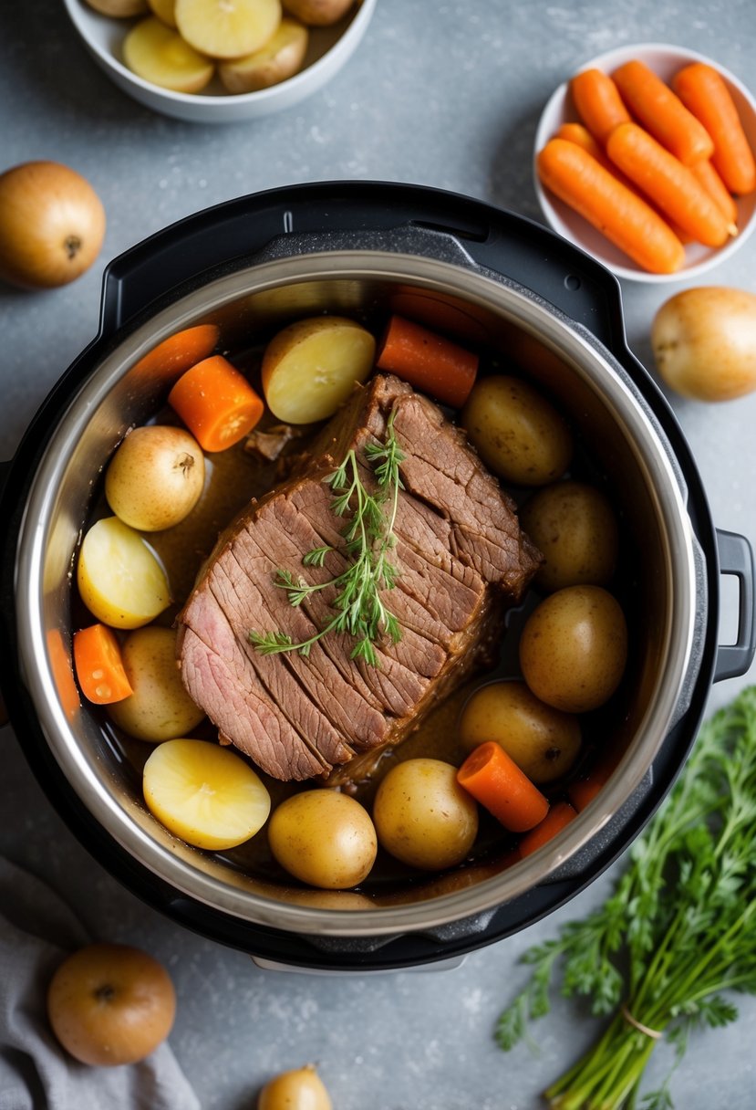 A beef pot roast surrounded by carrots, potatoes, and onions cooking in an Instapot pressure cooker