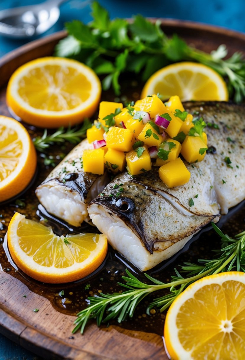 A sizzling perch fillet topped with vibrant mango salsa, surrounded by fresh herbs and citrus slices on a rustic wooden platter