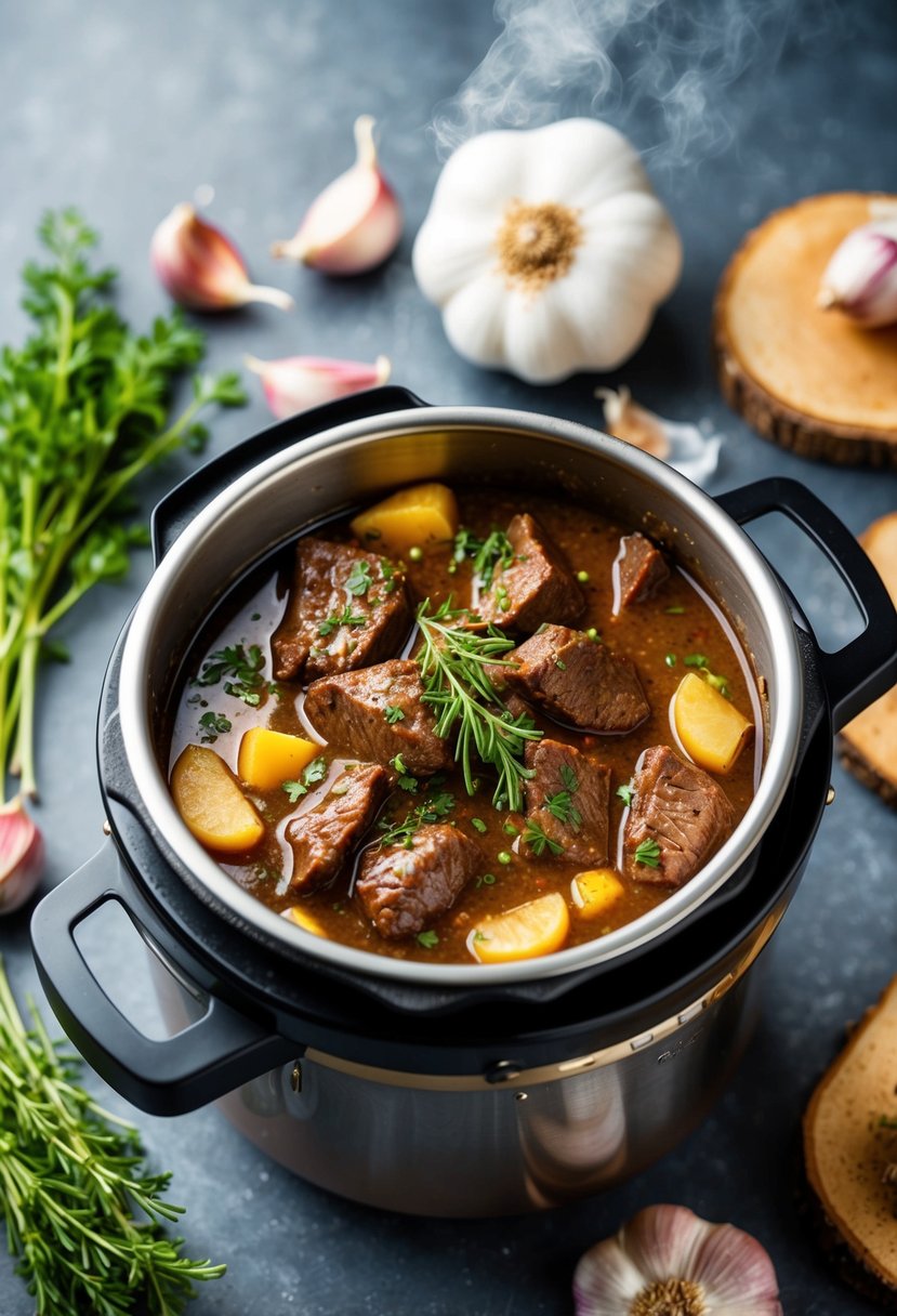 A steaming beef stew cooks in a pressure cooker, surrounded by garlic cloves and fresh herbs