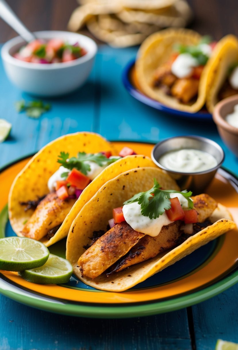 A colorful plate of Smoked Paprika Perch Tacos with fresh toppings and a side of salsa