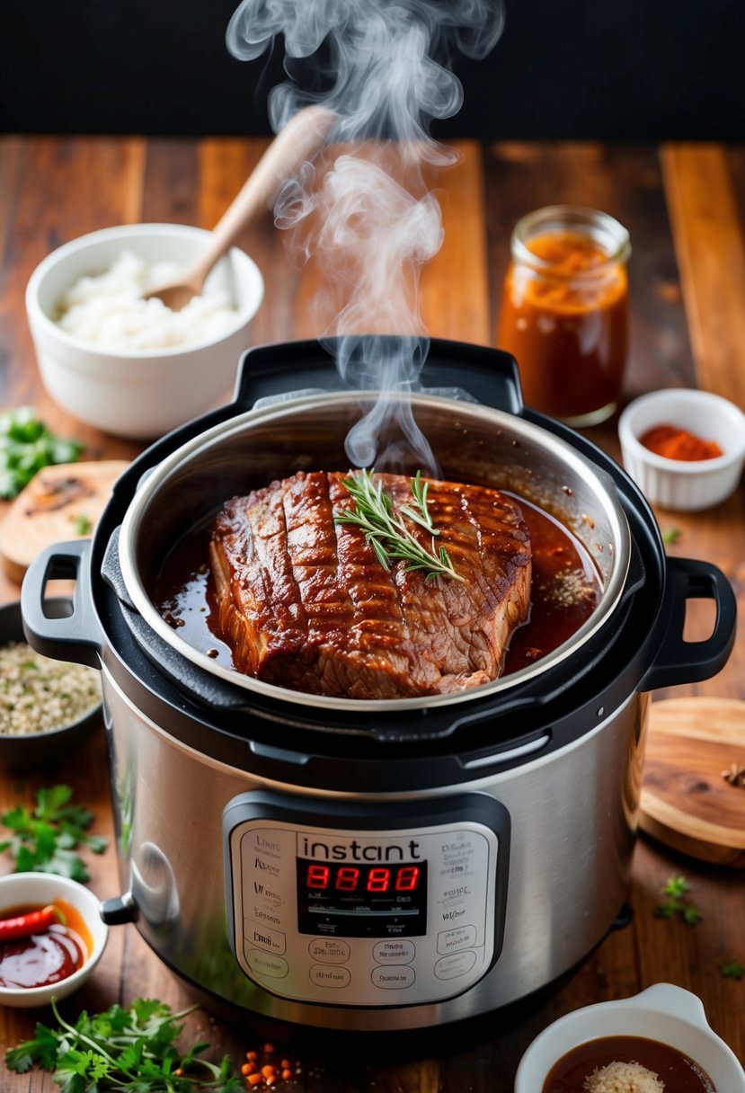 A beef brisket cooking in an Instant Pot, surrounded by BBQ sauce, herbs, and spices, with steam rising from the pressure cooker