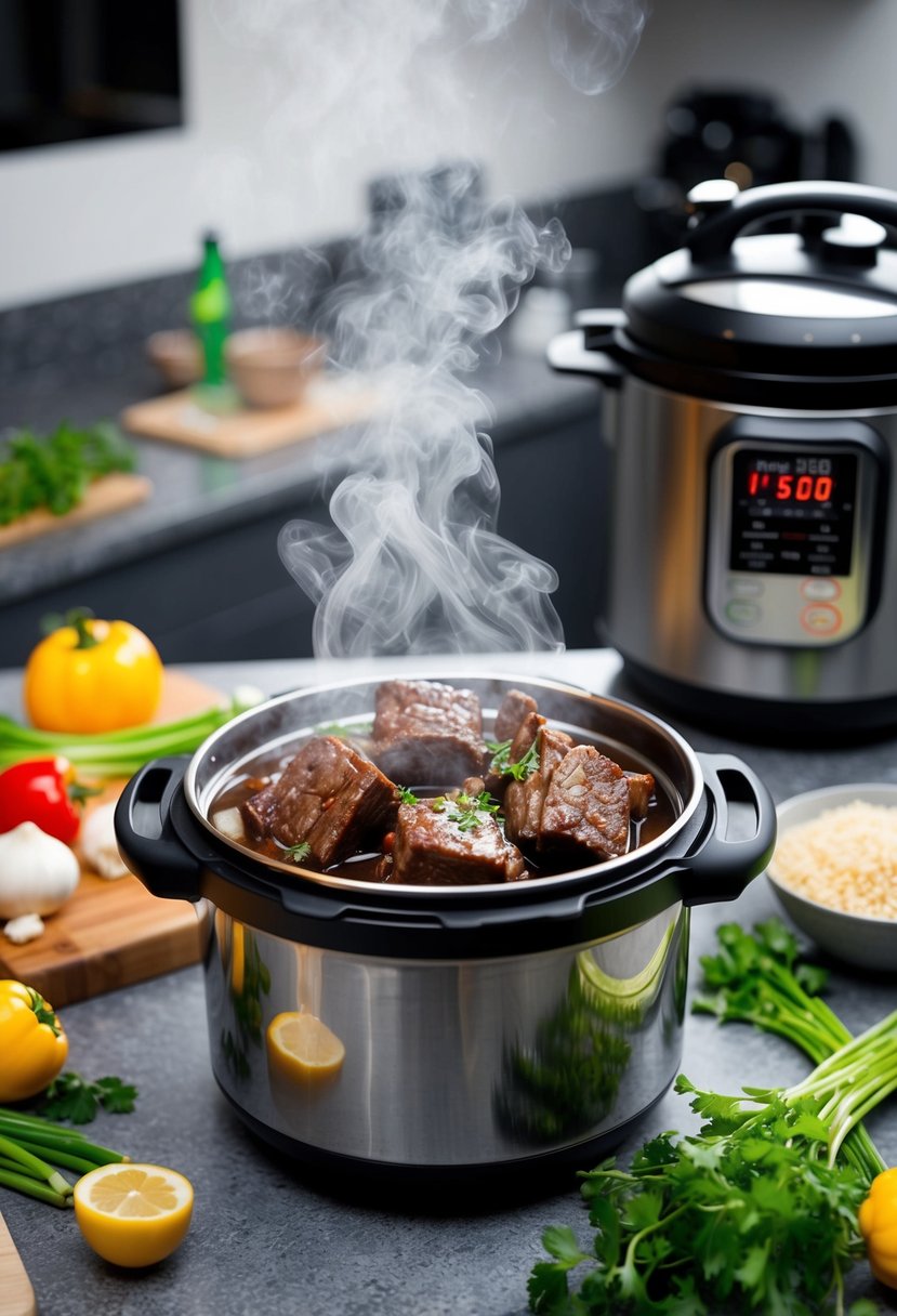 A steaming Instapot filled with Korean beef short ribs, surrounded by fresh ingredients and a pressure cooker on a kitchen counter