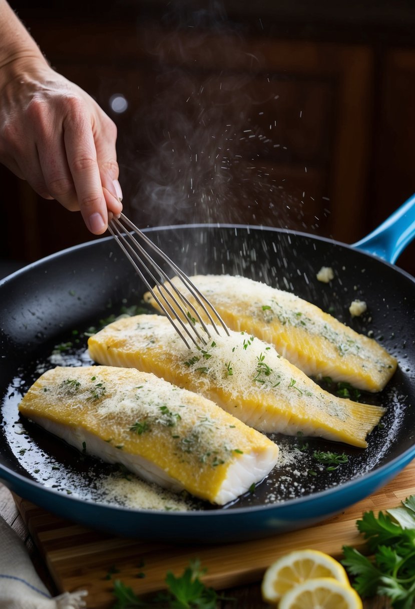 Freshly caught perch fillets being coated in a layer of grated parmesan and herbs before being pan-fried in a sizzling skillet