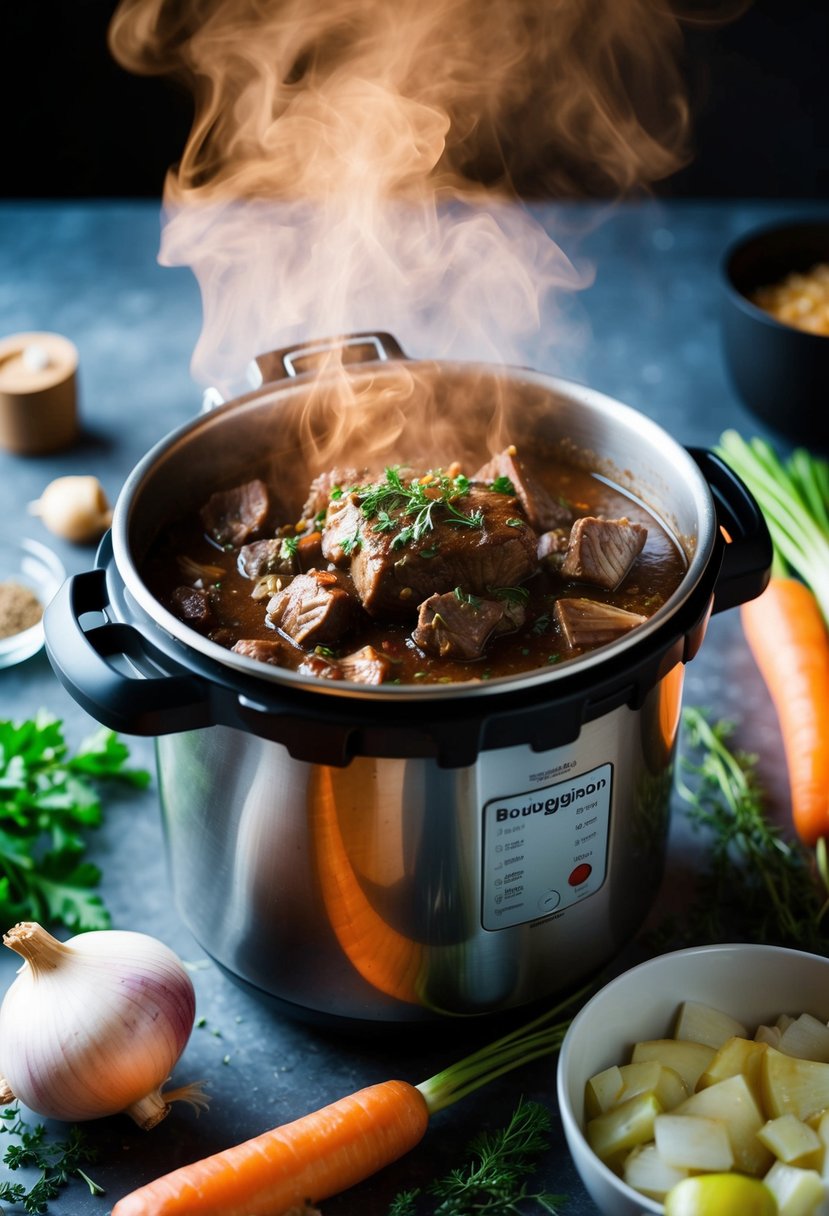 A steaming pot of Beef Bourguignon cooks in a modern pressure cooker, surrounded by ingredients like carrots, onions, and herbs