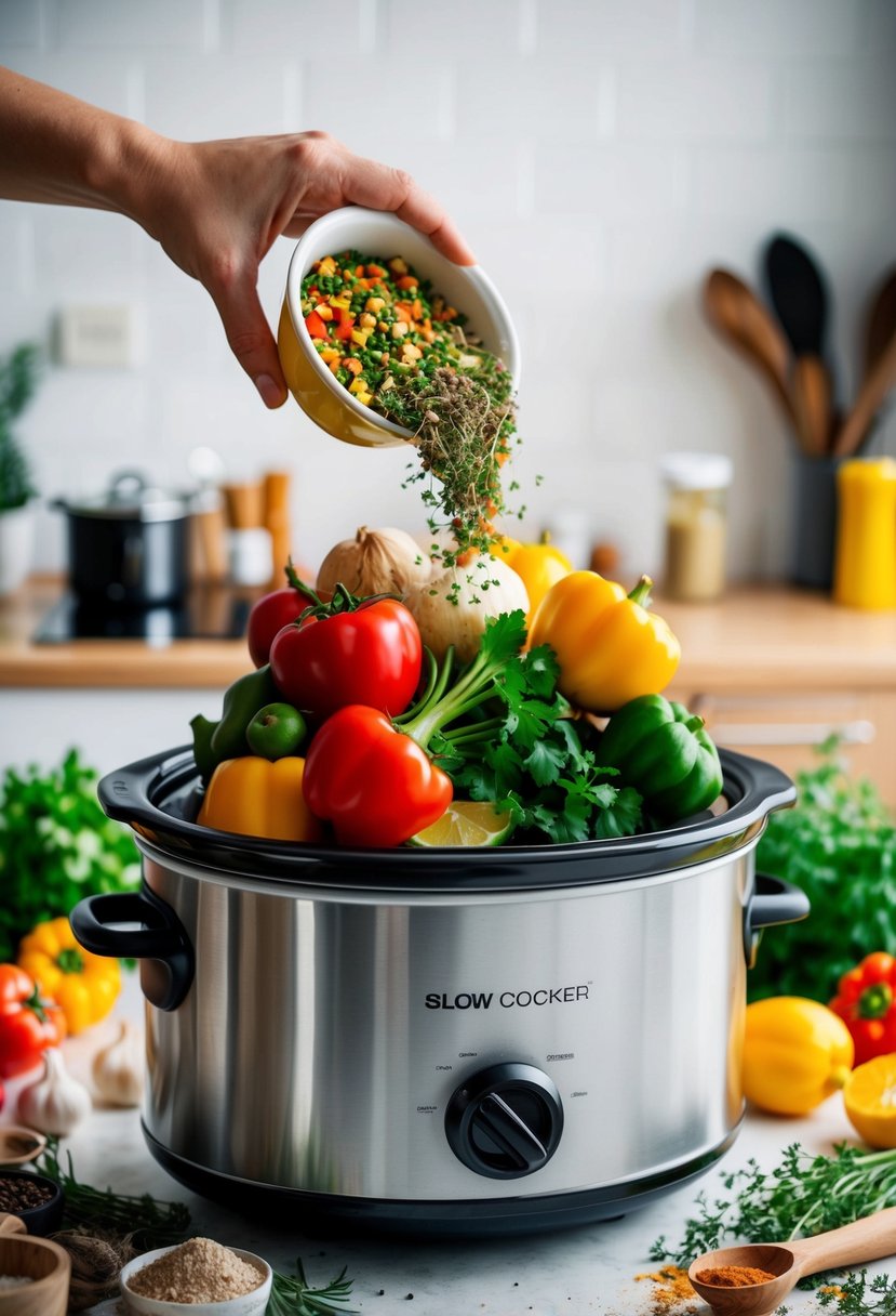 A colorful array of fresh ingredients being added into a slow cooker, surrounded by herbs and spices on a kitchen counter