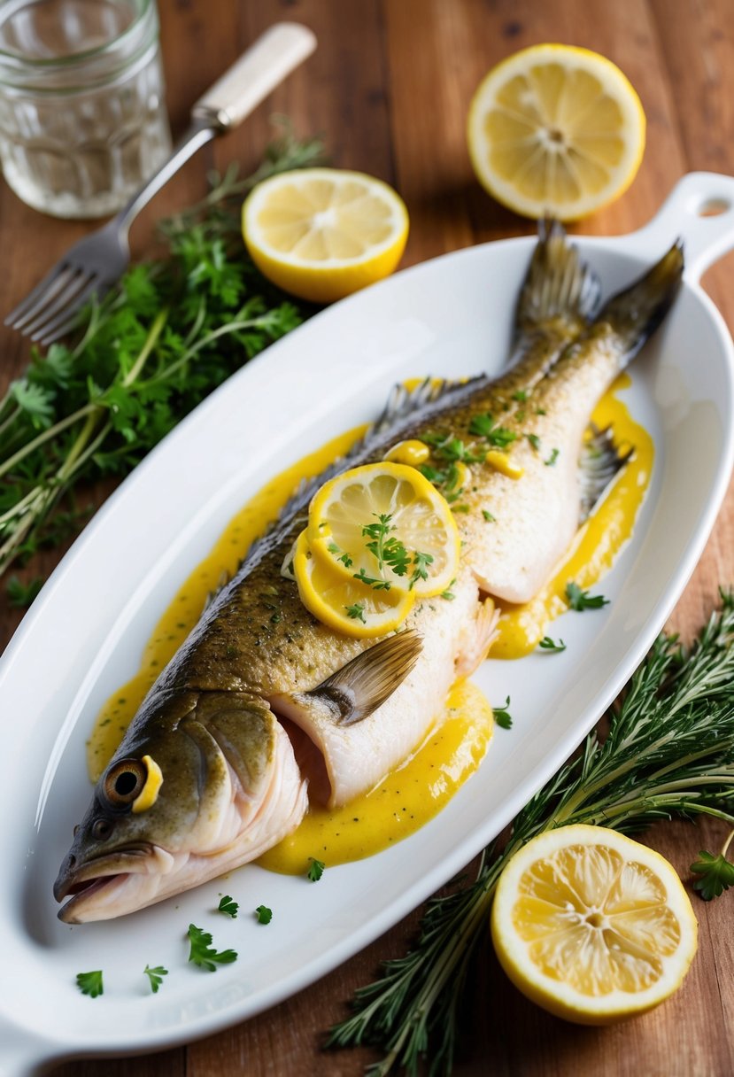 A golden-brown baked perch fillet, glazed with Dijon mustard, surrounded by fresh herbs and lemon slices on a white serving platter