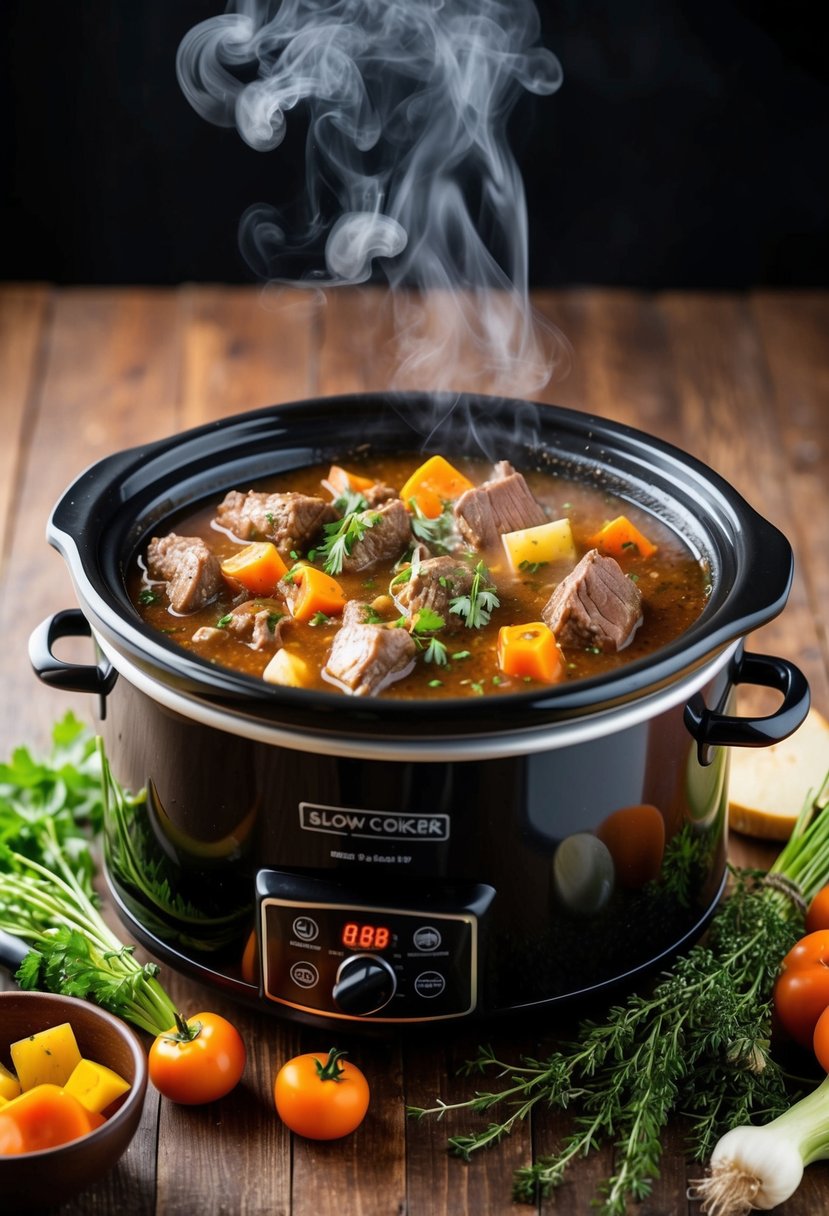 A bubbling slow cooker filled with hearty beef stew, surrounded by aromatic vegetables and herbs, with steam rising from the pot