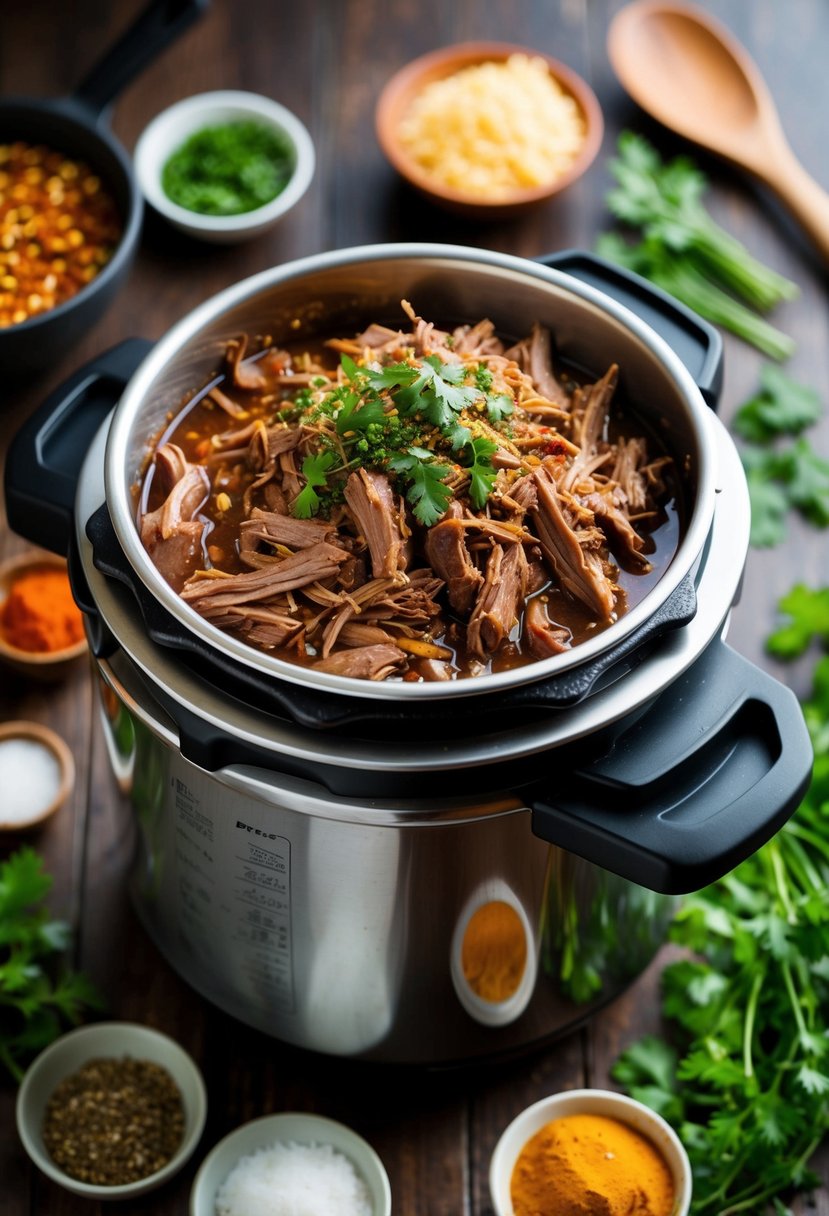 A pressure cooker filled with shredded beef, surrounded by Mexican spices and herbs