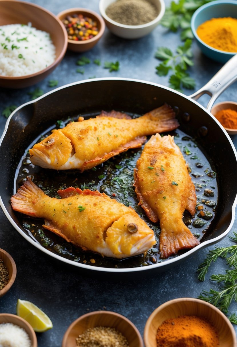 A sizzling skillet with golden-brown Cajun fried perch fillets, surrounded by colorful spices and herbs